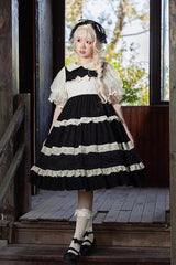 Kindergarten Class Theme Short Sleeves Jacquard Ruffle Bowknot Sweet Lolita Dress 3 Colors - Product - 12