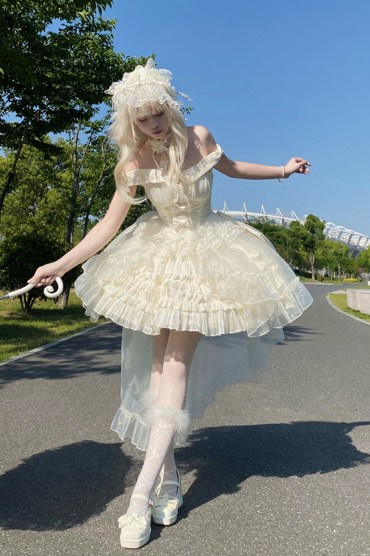 Apricot [Cream Cake] Sleeveless Multi-Layered Ruffle Bowknot Sweet Princess Lolita Jsk Dress Set - Product - 6