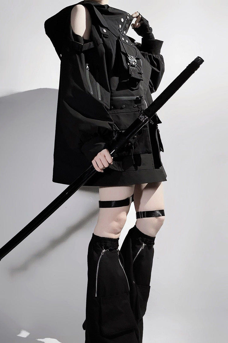 Black Techwear Long Sleeves Hooded Zippered Ouji Gothic Cool Lolita Set - Product - 9