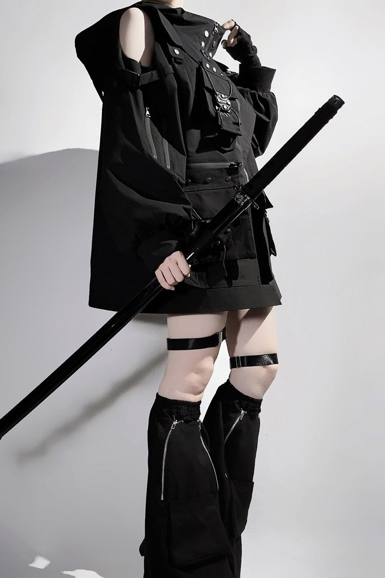 Black Techwear Long Sleeves Hooded Zippered Ouji Gothic Cool Lolita Set - Product - 9