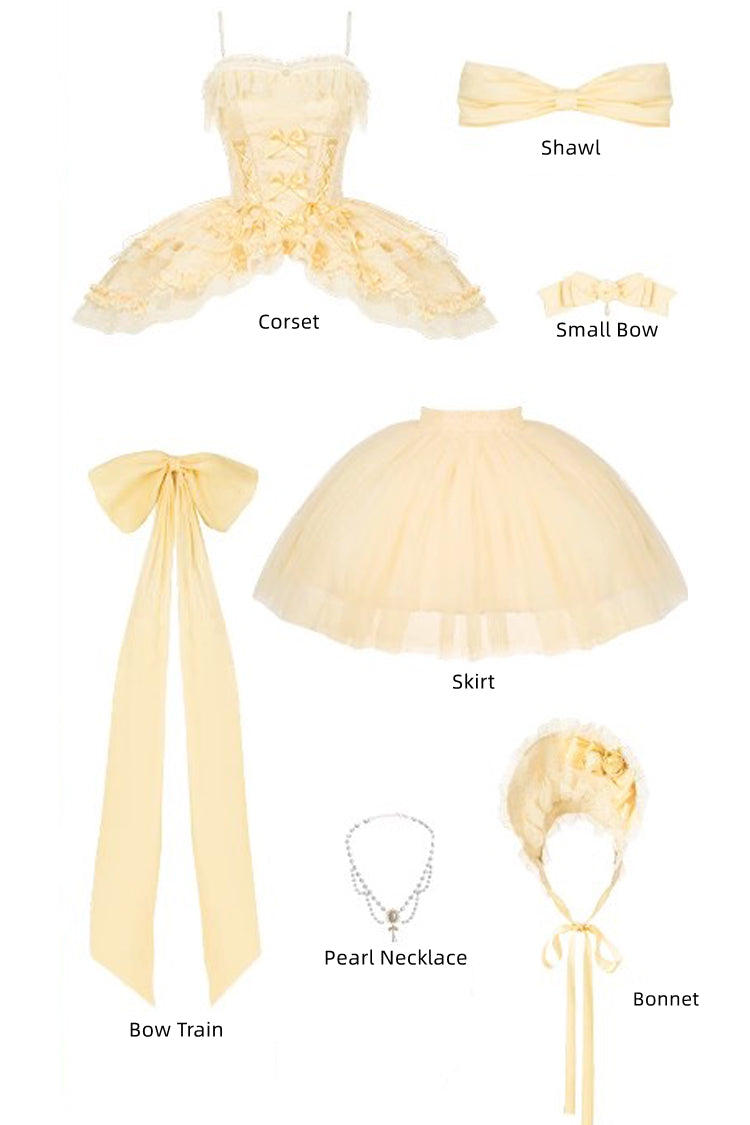 Yellow [Sissi's Pilgrimage] Off Shoulder Ruffle Bowknot Lace Sweet Lolita Skirt (Short Version) - Product - 6