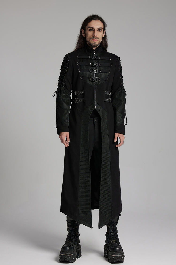 Black Buckle-up Rivets Long Sleeves Lace-Up Men's Punk Long Jacket - Black - 1
