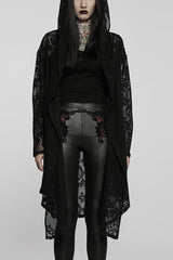 Black Floral Print Hollow Mesh Hooded Womens Gothic Coat - Black - 1
