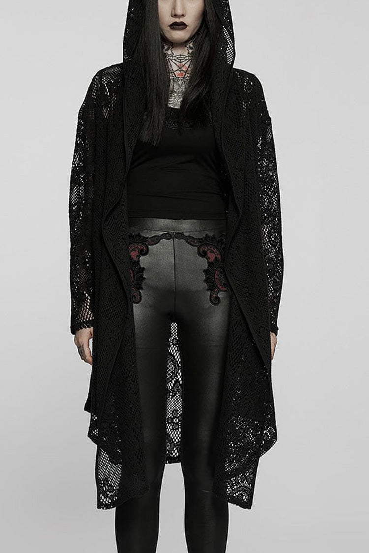 Black Floral Print Hollow Mesh Hooded Womens Gothic Coat - Black - 1