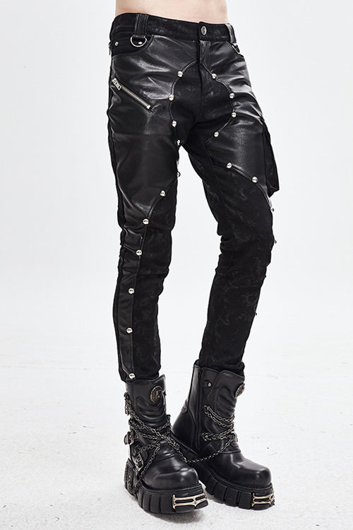 Black Patchwork Asymmetric Rivet Studded Punk Leather Mens Pants - Product - 2