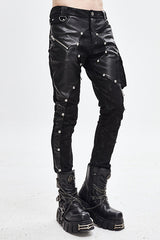 Black Patchwork Asymmetric Rivet Studded Punk Leather Mens Pants - Product - 2