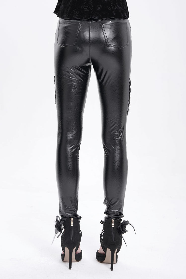 Black Chain Faux Leather Stitching Lace Women's Gothic Pants - Product - 10