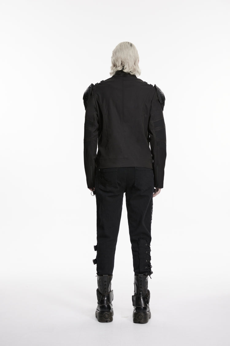 Black Stand Collar Long Sleeves Buckled Zippered Eyelet Men's Punk Handsome Cool Armor Coat - Product - 3