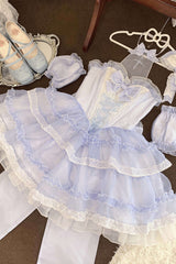 Blue Multi-layer Ruffle Hanayome Bowknot Lace Halter Neck Sweet Princess Lolita Dress - Product - 7