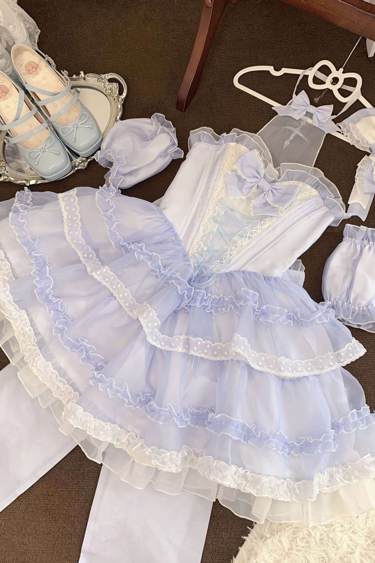 Blue Multi-layer Ruffle Hanayome Bowknot Lace Halter Neck Sweet Princess Lolita Dress - Product - 7