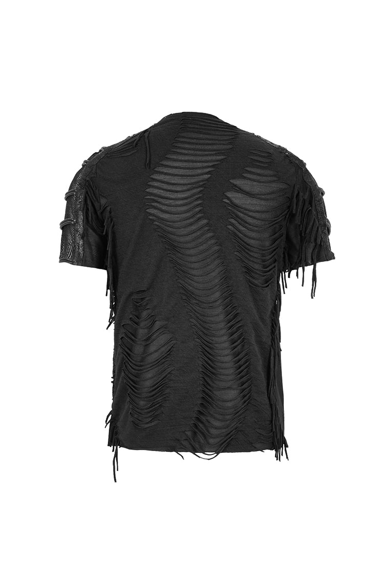 Black Tattered Striped Shoulder Splice Mesh Short Sleeve Men's Punk T-Shirt - Product - 8