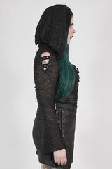 Black Front Chest Lace-Up Flare Sleeve Splice Mesh Plus Size Broken Holes Knit Hooded Women's Punk T-Shirt - Product - 3