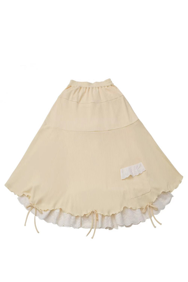 Yellow [Orange Diary] Multi-Layered Printed Embroidered Bow Lace Asymmetric Sweet Lolita Jumper Dress - Skirt(Only) - 9