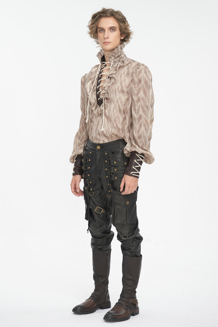 Brown Ruffle Stand Collar Print Lace-Up Men's Gothic Blouse - Product - 3