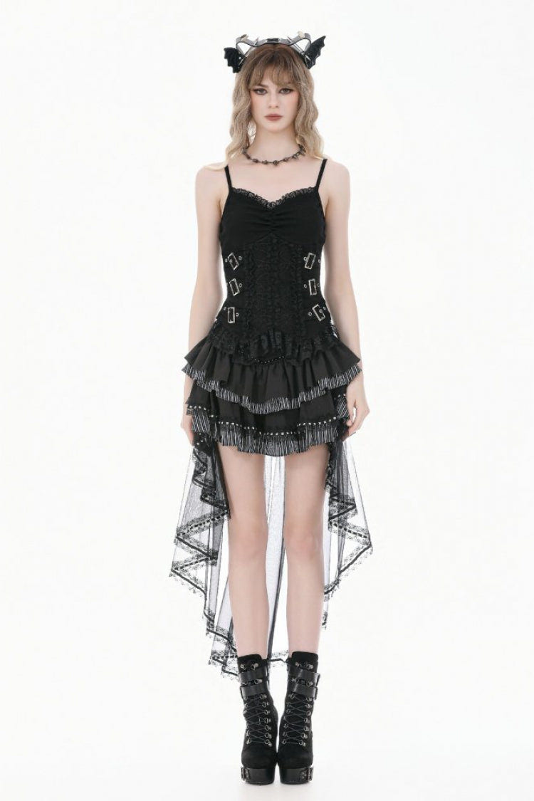 Black Women's Gothic Vintage Multi-Layered Buckled Straps Sheer Lace Patchwork Tank Top - Product - 5