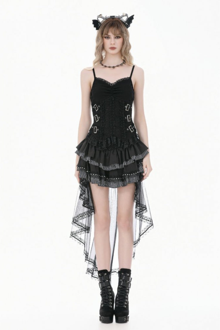 Black Women's Gothic Vintage Multi-Layered Buckled Straps Sheer Lace Patchwork Tank Top - Product - 5