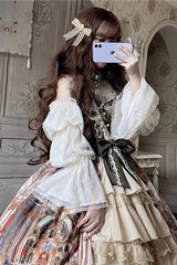 Brown Versailles Palace Oil Painting Print Ruffle Cardigan Bowknot Sweet Elegant Lolita Jsk Dress - Product - 2