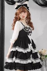 Black/White Bear Paw Print Ruffle Bowknot Sweet Princess Lolita Jsk Dress - Product - 4