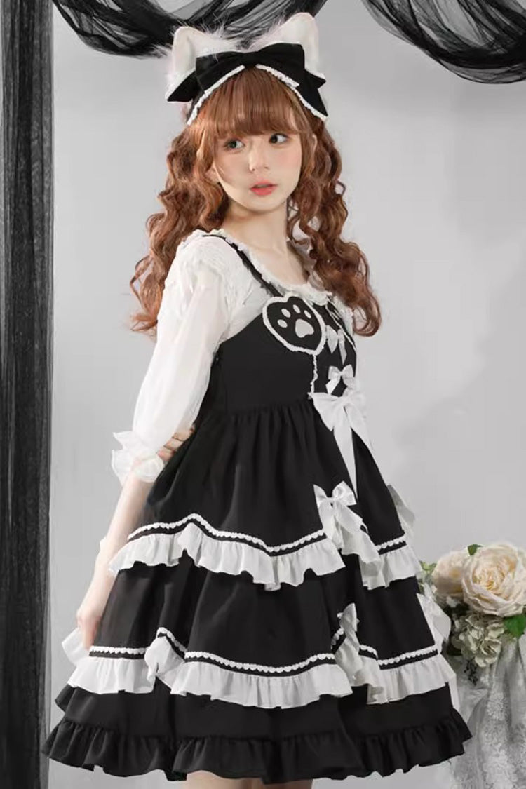 Black/White Bear Paw Print Ruffle Bowknot Sweet Princess Lolita Jsk Dress - Product - 4
