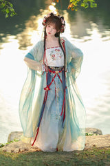 Multi-Color High Waisted Jacquard Print Slim Women's Sweet Hanfu Dress Full Set - Product - 2