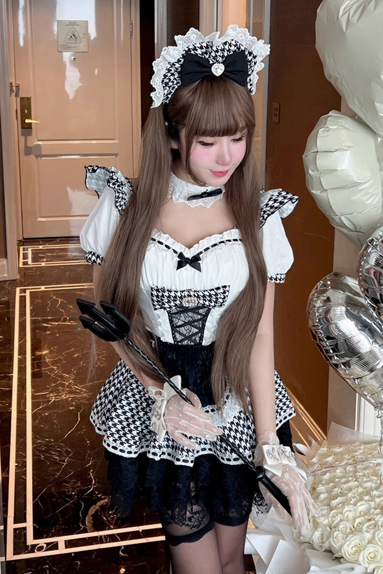 Black/White [Lovely Houndstooth] Square Collar Short Sleeves Print Ruffle Bowknot Lace Maid Sweet Lolita Dress - Product - 8