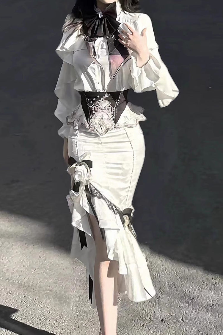 White [Star Gate] Palace Style Ruffle Bowknot Gothic Lolita Fishtail Skirt 2 Versions - Product - 3