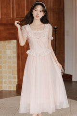 Pink Square Collar Short Puff Sleeves Ruffled Embroidered Lace French Style Sweet Lolita Dress - Product - 6