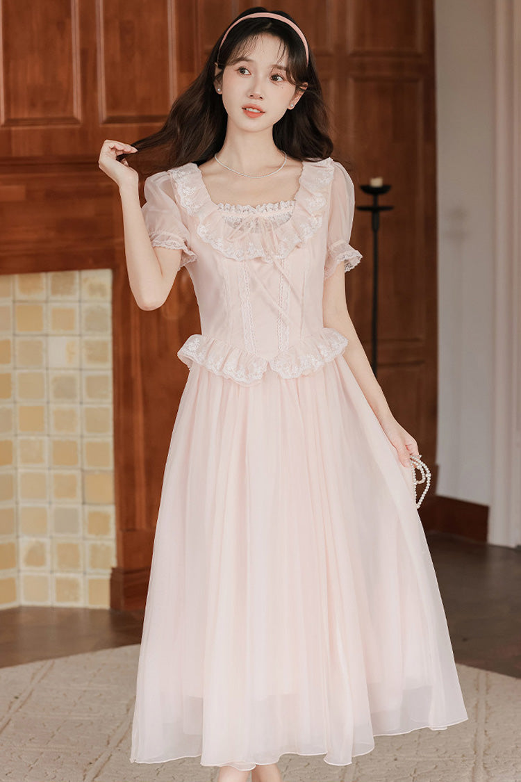 Pink Square Collar Short Puff Sleeves Ruffled Embroidered Lace French Style Sweet Lolita Dress - Product - 6