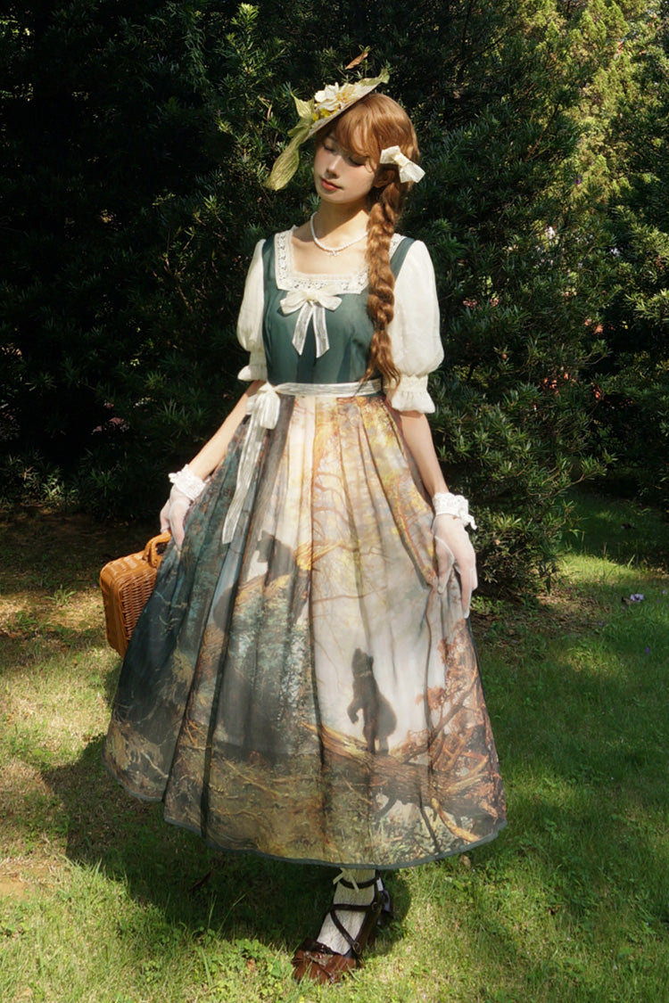 Dark Green [Morning in the Pine Forest] Square Collar Short Sleeves Oil Painting Printed Bow Lace Tie-dyed Sweet Lolita Dress - Dark-Green - 1