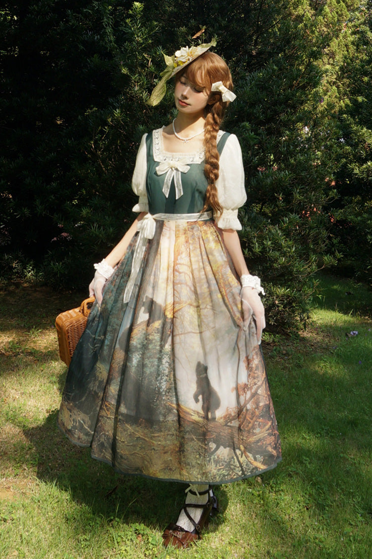 Dark Green [Morning in the Pine Forest] Square Collar Short Sleeves Oil Painting Printed Bow Lace Tie-dyed Sweet Lolita Dress - Dark-Green - 1