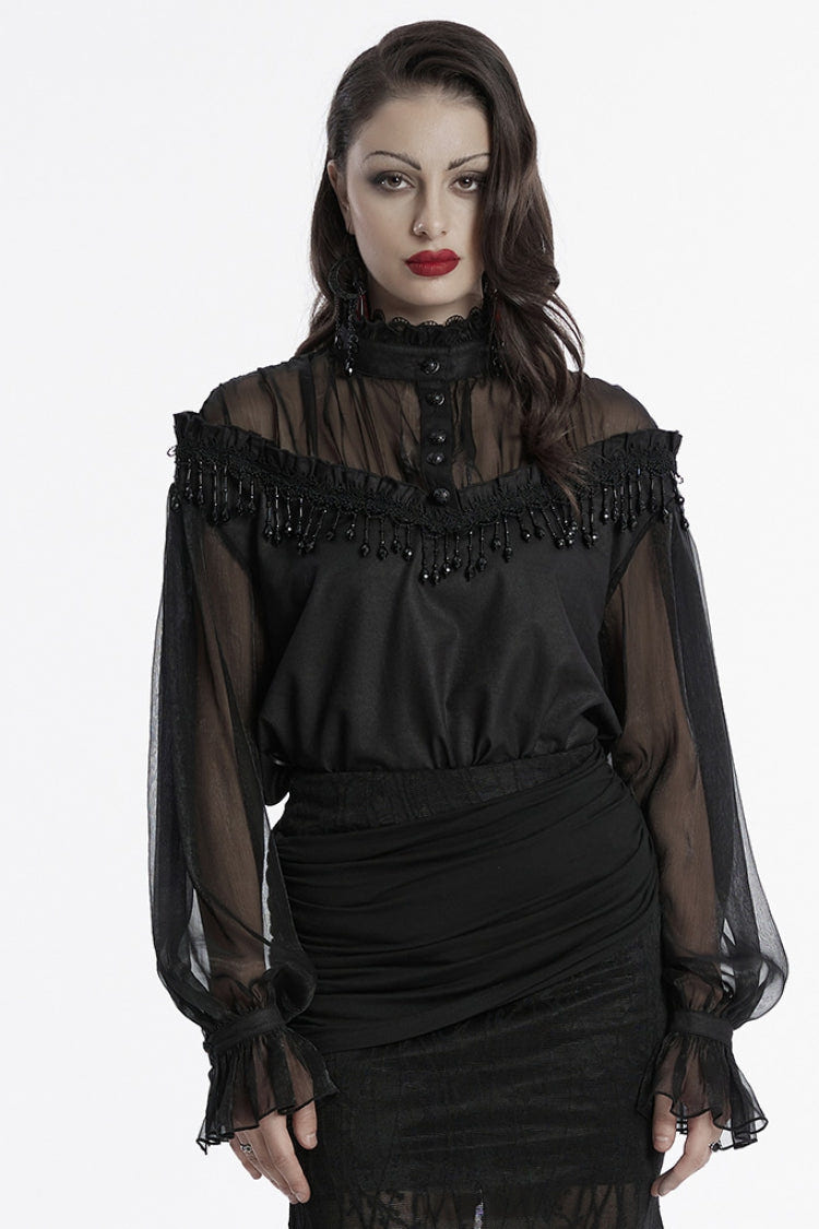 Black Long Sleeves Ruffle Sheer Mesh Women's Gothic Blouse - Black - 1