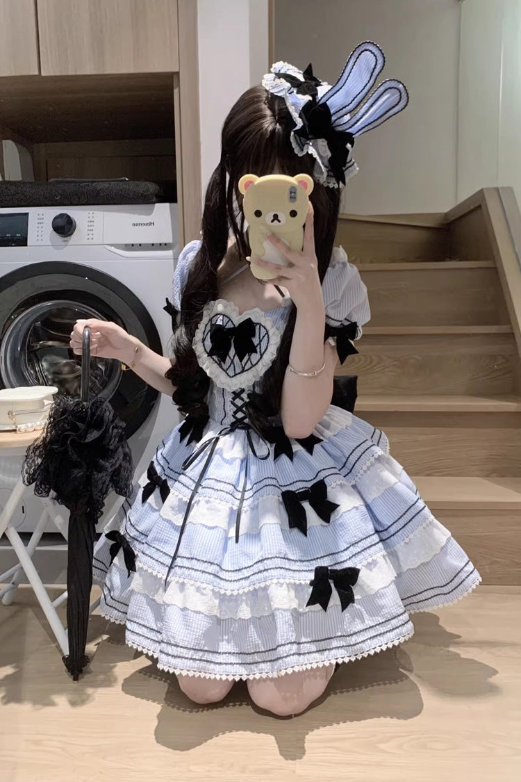 Triple-Layered Short Sleeves Vertical Stripes Print Ruffle Bowknot Lace-Up Sweet Lolita Jsk Dress 2 Colors - Product - 6