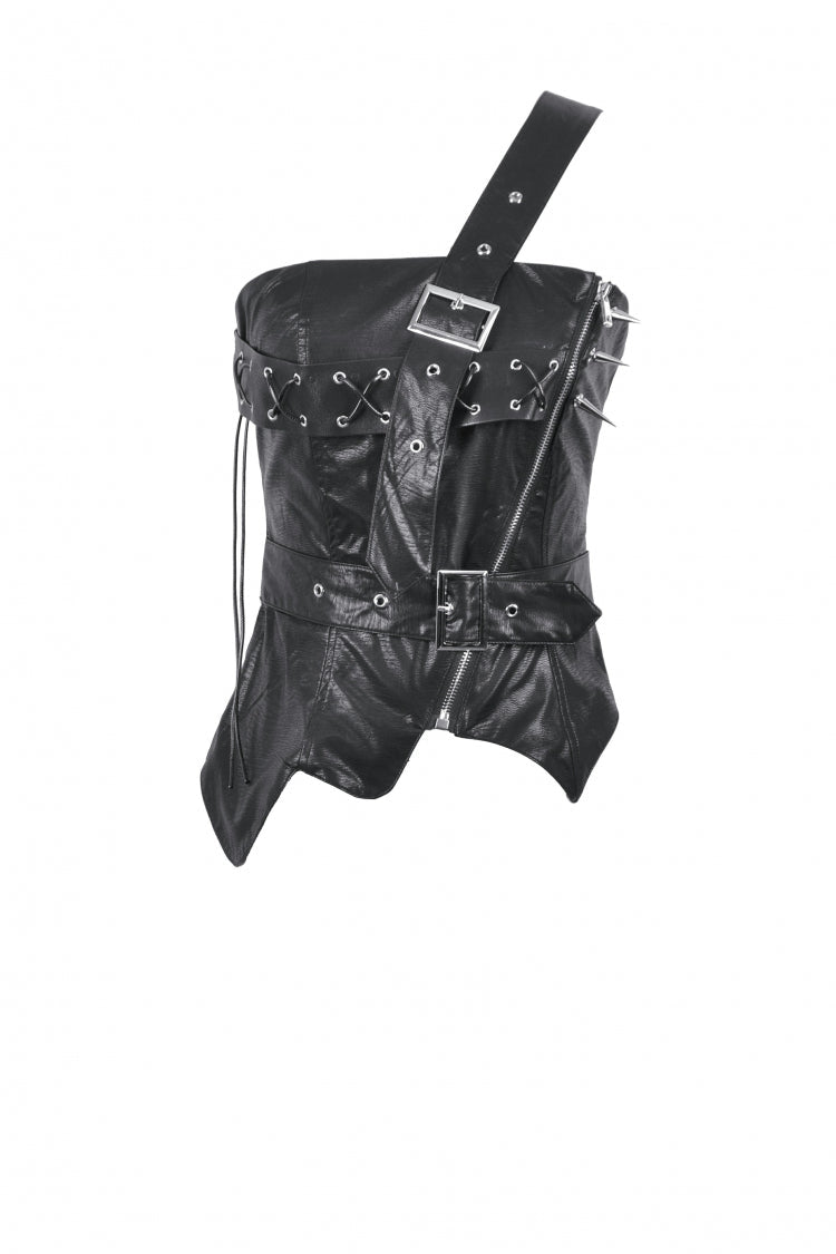 Black Sleeveless Single Shoulder Strap Straps Diagonal Zipper Studded Women'S Punk Faux Leather Vest - Product - 3