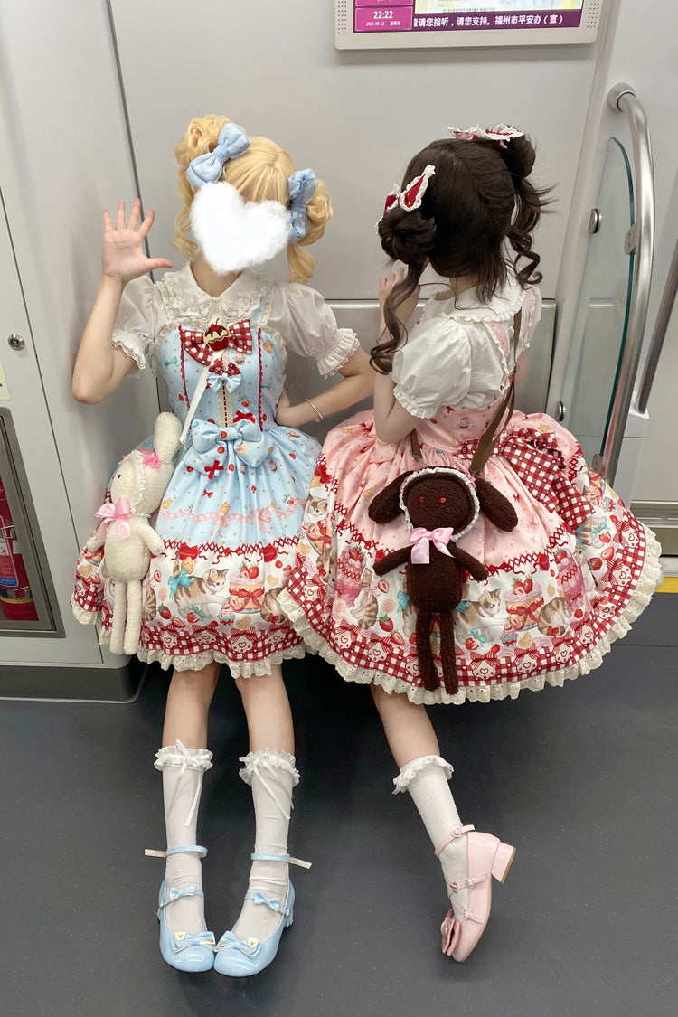[Strawberry Cake Kitty] Sleeveless Printed Bow Lace Sweet Lolita Strap Dress 3 Colors - Product - 14