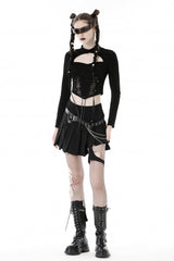 Black Long Sleeves Cut-Out Spliced Mesh Zippered Strappy Eyelet Women's Punk Crop Top - Product - 6