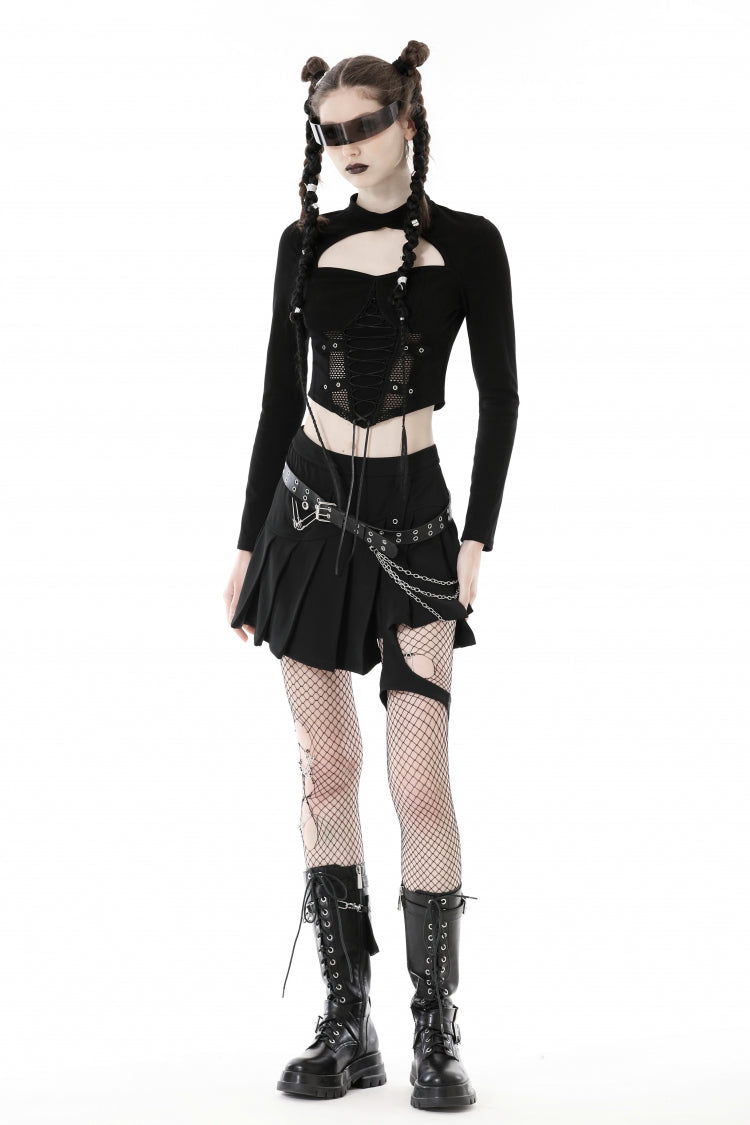Black Long Sleeves Cut-Out Spliced Mesh Zippered Strappy Eyelet Women's Punk Crop Top - Product - 6