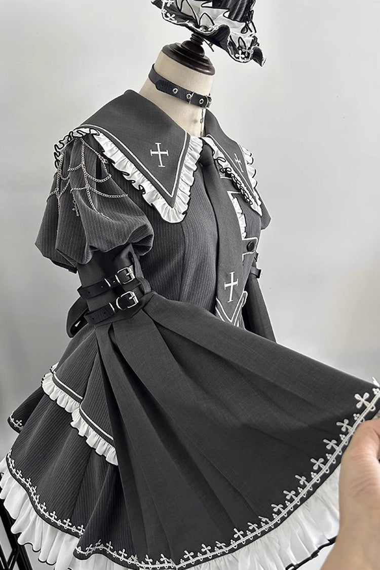 Grey Long Hime Sleeves Ruffle Embroidery Buckle Gothic Japanese Lolita Skirt Set - Product - 2