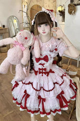 Red/Pink [Scarlet Heart Cocoa] Sleeveless Triple-Layered Ruffle Embroidery Bowknot Lace Sweet Lolita Jsk Dress - Product - 6