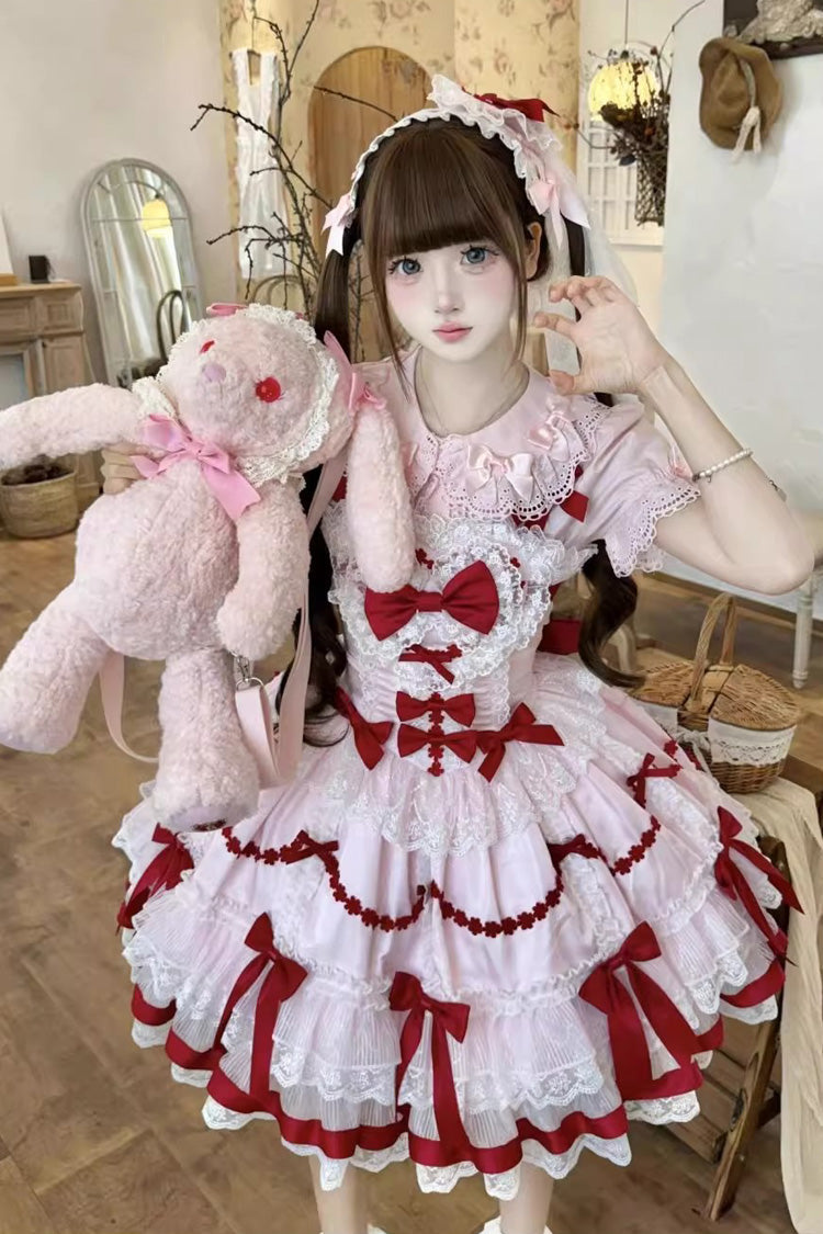 Red/Pink [Scarlet Heart Cocoa] Sleeveless Triple-Layered Ruffle Embroidery Bowknot Lace Sweet Lolita Jsk Dress - Product - 6