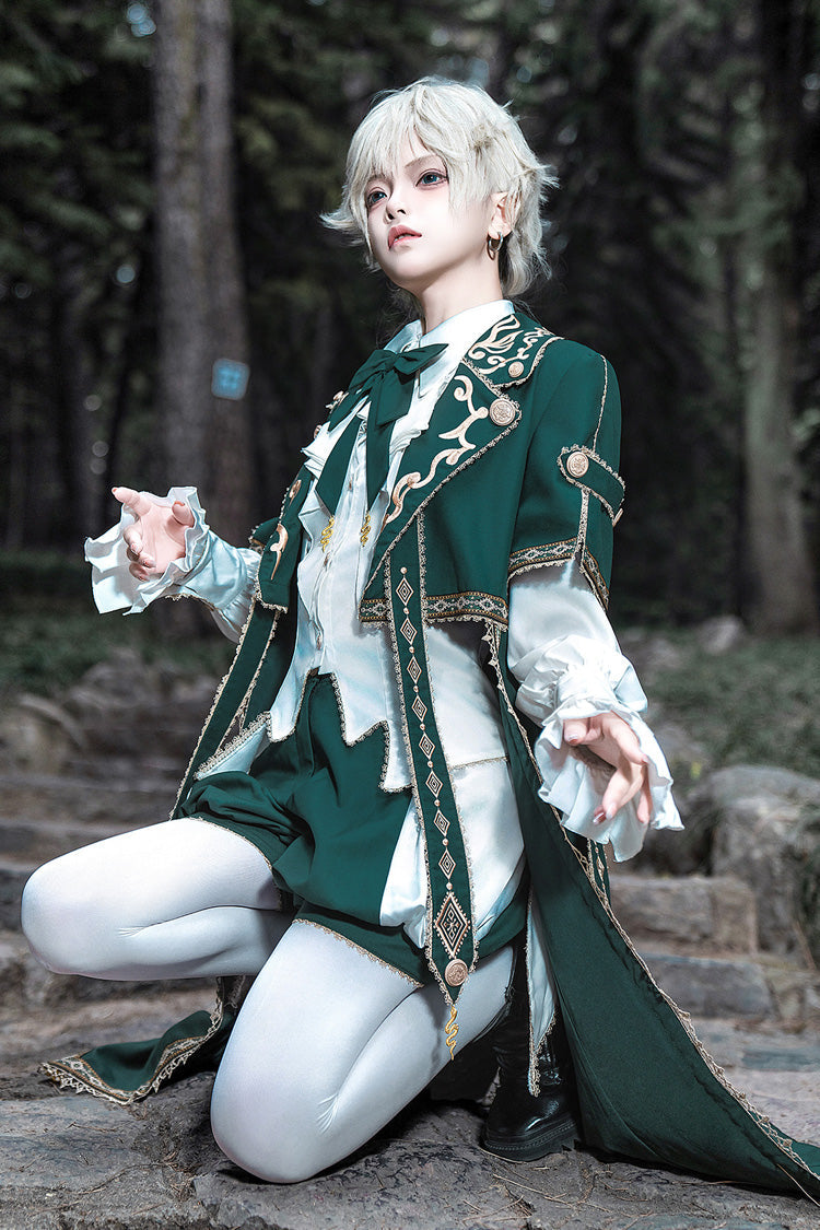 Green [Theocratic Messenger] Embroidery Classic Military Gorgeous Handsome Ouji Lolita Coat Blouse Shorts Set - Product - 5