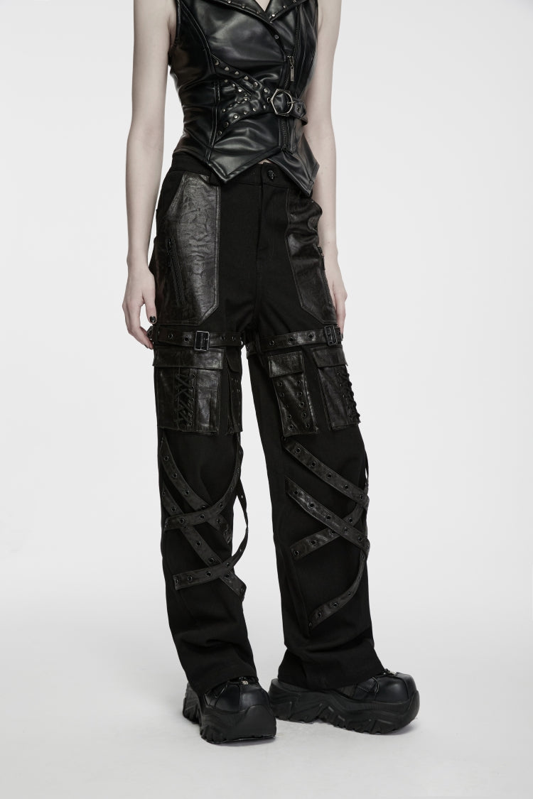 Black Patchwork Eyelet Women's Punk Cool Straight-leg Pants With Multi Pocket - Product - 9