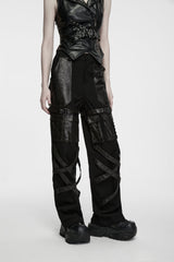 Black Patchwork Eyelet Women's Punk Cool Straight-leg Pants With Multi Pocket - Product - 9
