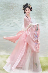 Pink Tang Dynasty Long Trumpet Sleeves Print Embroidery Sweet Hanfu Dress - Product - 4
