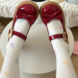 Cute Cat Decor Buckle Round-Toe Bow Mary Jane Flat Shoes 6 Colors - Wine-Red - 1
