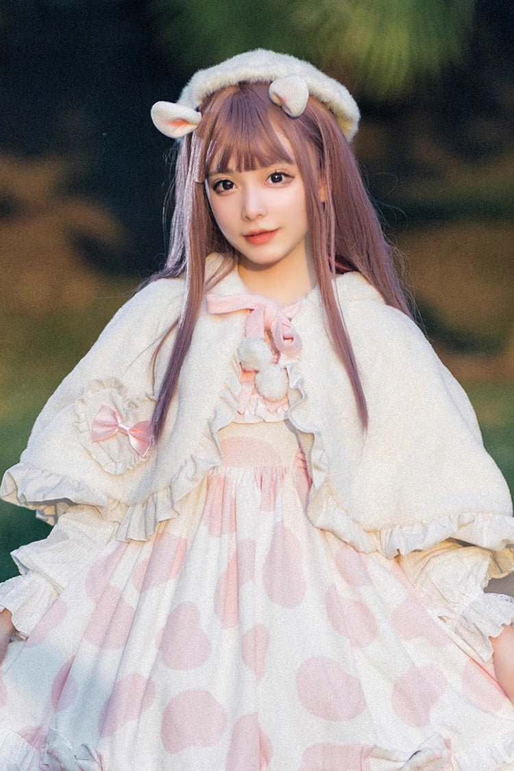 Ivory Plush Bunny Ears Bowknot Sweet Princess Lolita Cloak Coat - Product - 5