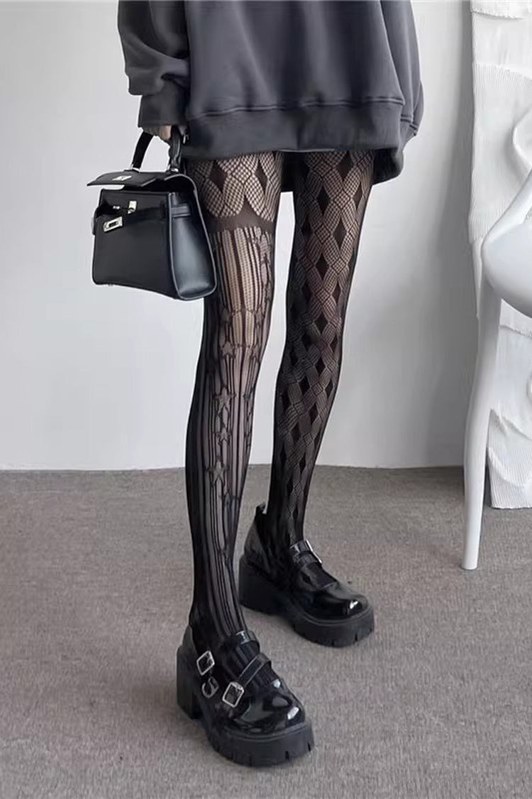 Black Mesh Asymmetric Striped Gothic Lolita Tights - Product - 2