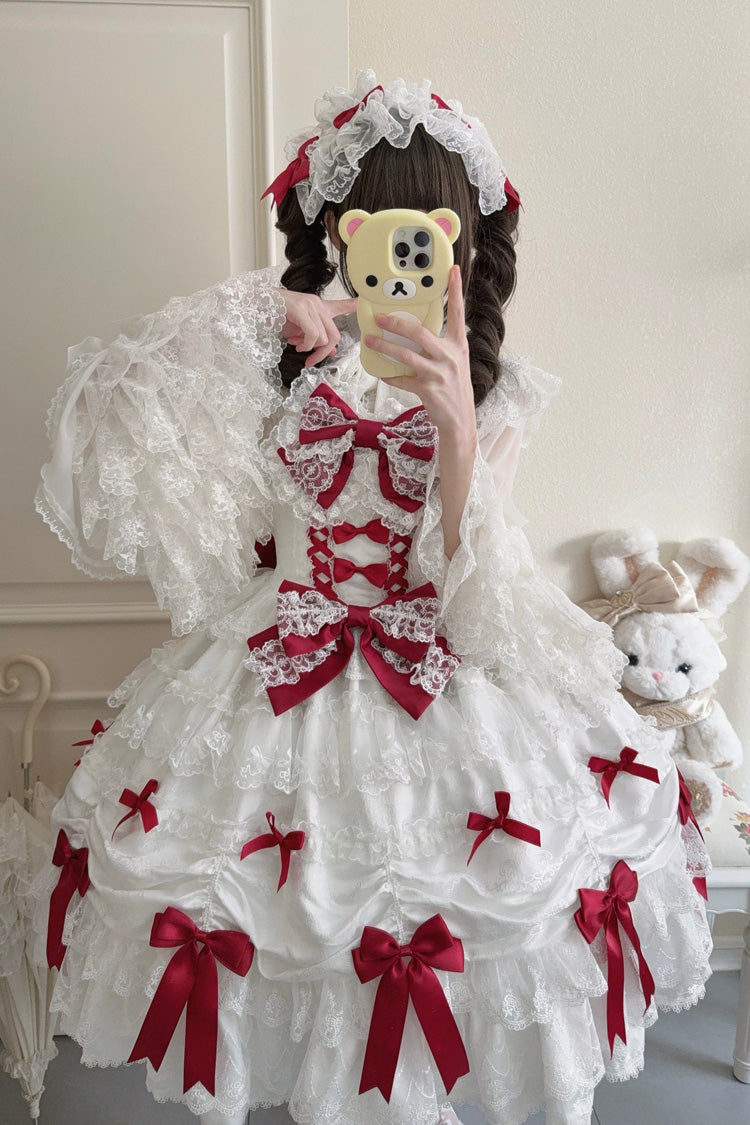 White/Red [Silk Satin Gift Box] Square Collar Sleeveless Multi-Layered Ruffled Bow Lace Sweet Lolita Jsk Dress - Product - 8