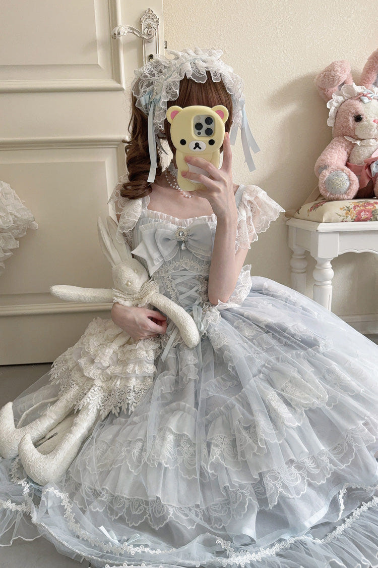 Blue [Eternal Vow] Sleeveless Multi-Layered Ruffle Hanayome Bowknot Lace Lace-Up Sweet Lolita Jsk Dress - Product - 4