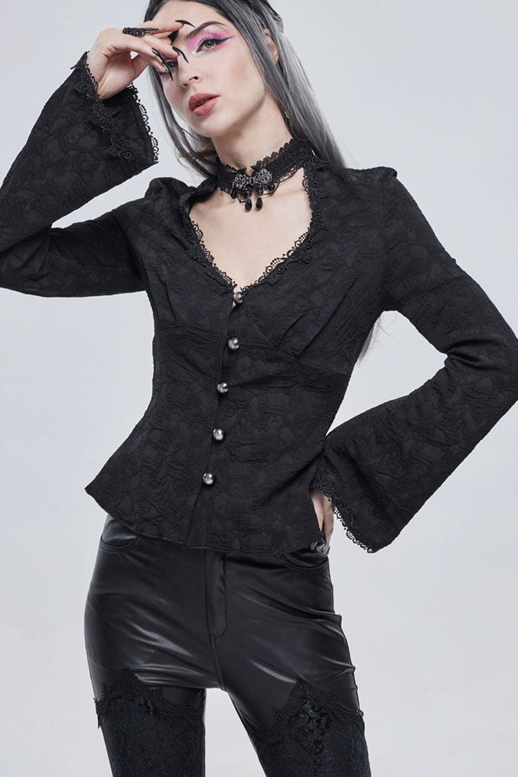 Black Gothic V-Neck Metal Buttons Pendant Lace Jacquard Frenulum Long Sleeves Women's Shirt - Product - 2