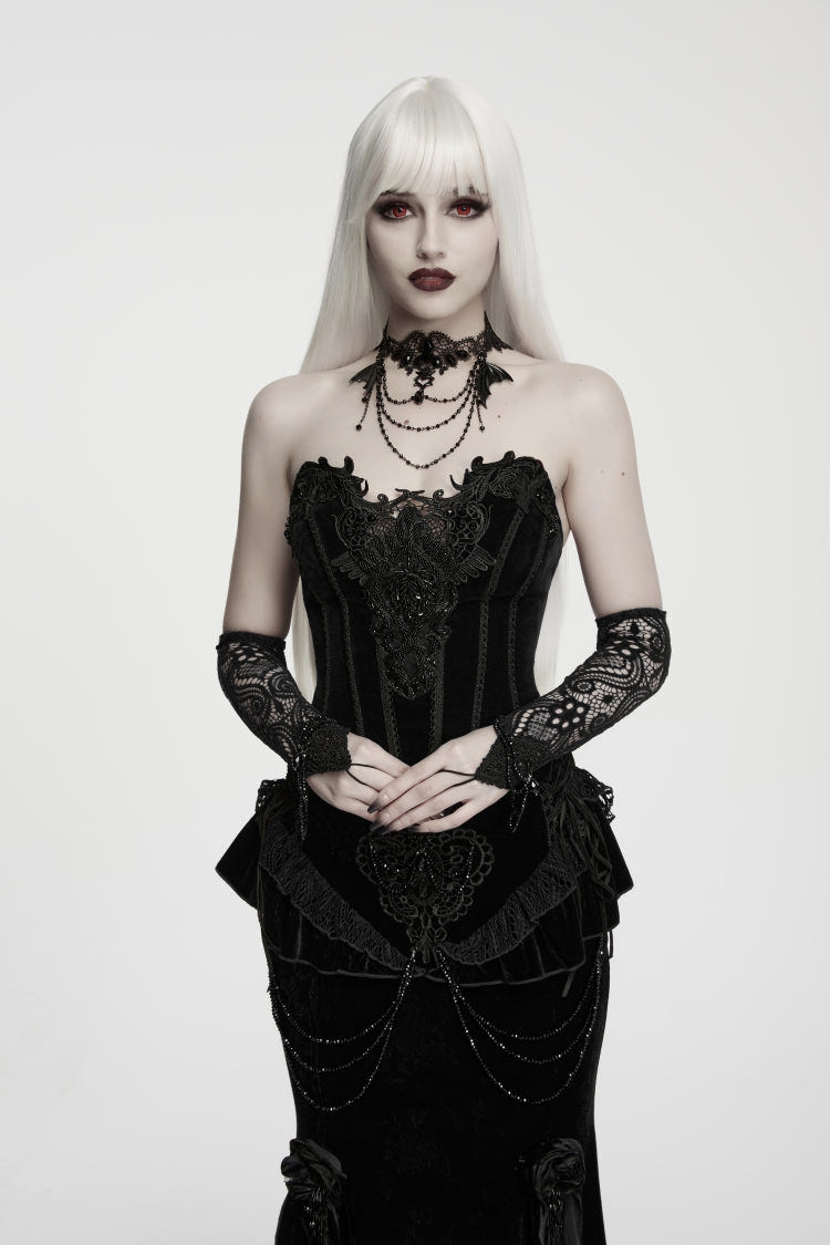 Black Lace Lace-Up Slim Fit Asymmetric Zippered Strappy Women's Gothic Balletcore Bustier Corset - Product - 6